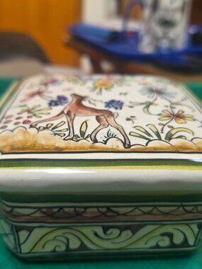 hand painted Portugal floral deer ceramic trinket box